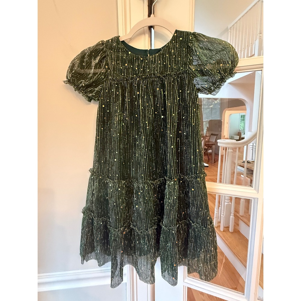 Zunie Girls Hunter Green Metallic Gold Foil Dot Tiered Party Dress 6 XD6835D4
